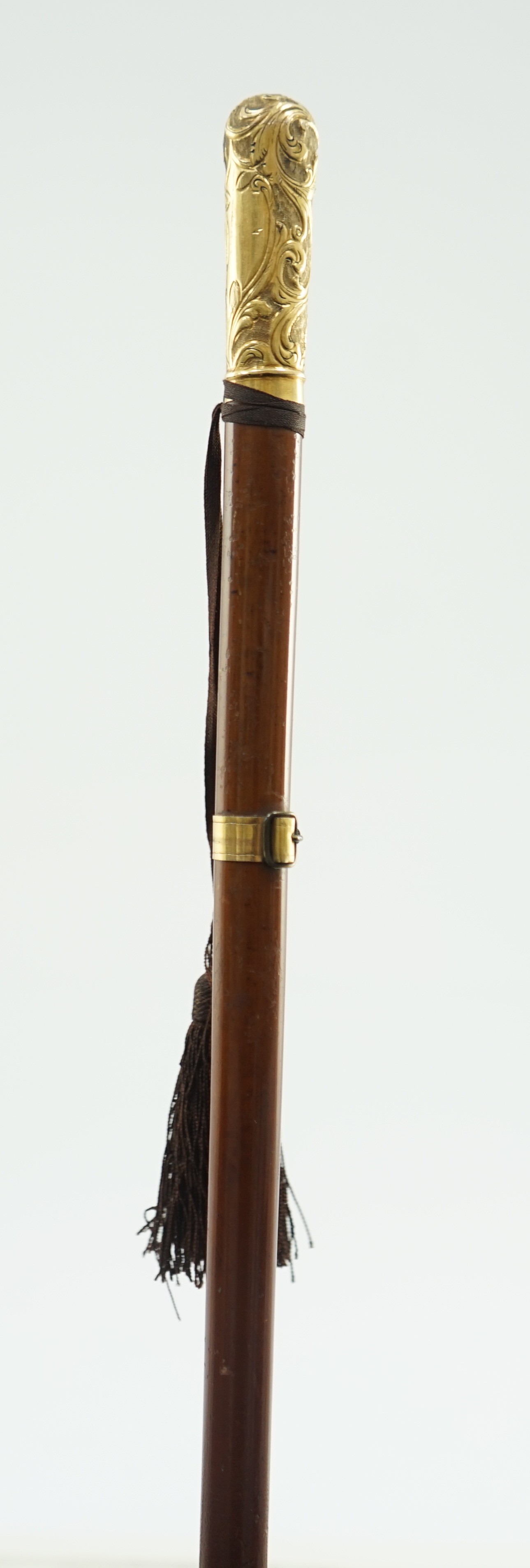 A 19th century French gold mounted hardwood swordstick, 86cm long